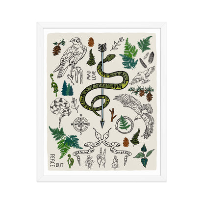 "Peace Out in the Woods" artwork with nature-themed illustrations including a snake, arrows, ferns, birds, pine trees, a compass, and plants on an ivory background. 16x20 art print, framed in a white wood frame. 