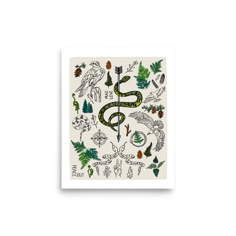 8x10 Peace Out in the Woods art print poster. The artwork has illustrations of eagles, snakes, ferns, a north star compass, pinecones, pine trees, an arrow, feathers, a peace sign, and forest icons.