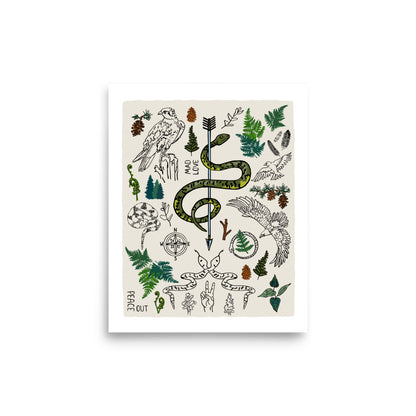 8x10 Peace Out in the Woods art print poster. The artwork has illustrations of eagles, snakes, ferns, a north star compass, pinecones, pine trees, an arrow, feathers, a peace sign, and forest icons.