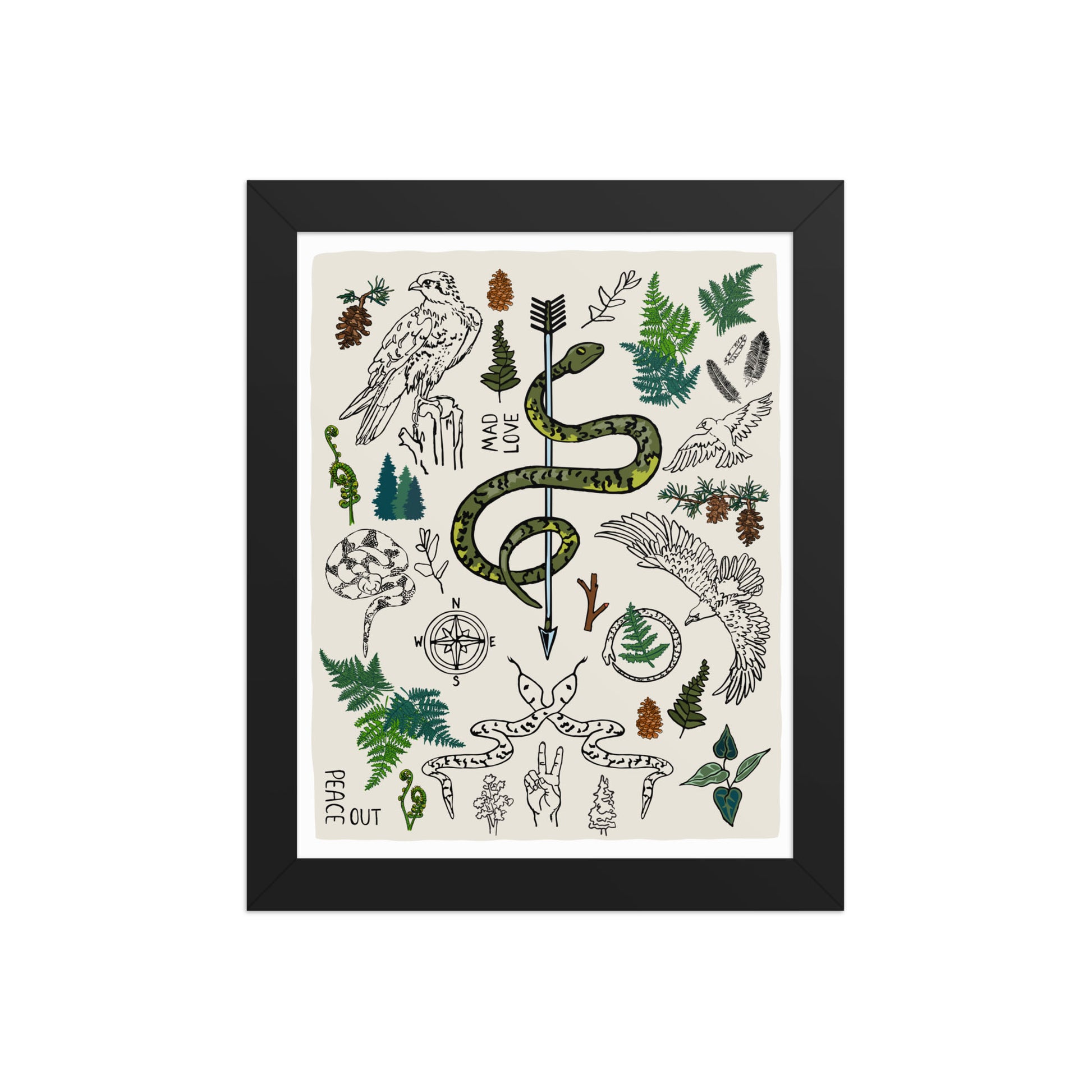 "Peace Out in the Woods" artwork with nature-themed illustrations, including a snake, arrows, ferns, birds, pine trees, a compass, and plants on an ivory background. 8x10 art print, framed in a black wood frame. 