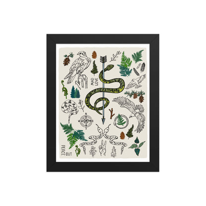 "Peace Out in the Woods" artwork with nature-themed illustrations, including a snake, arrows, ferns, birds, pine trees, a compass, and plants on an ivory background. 8x10 art print, framed in a black wood frame. 