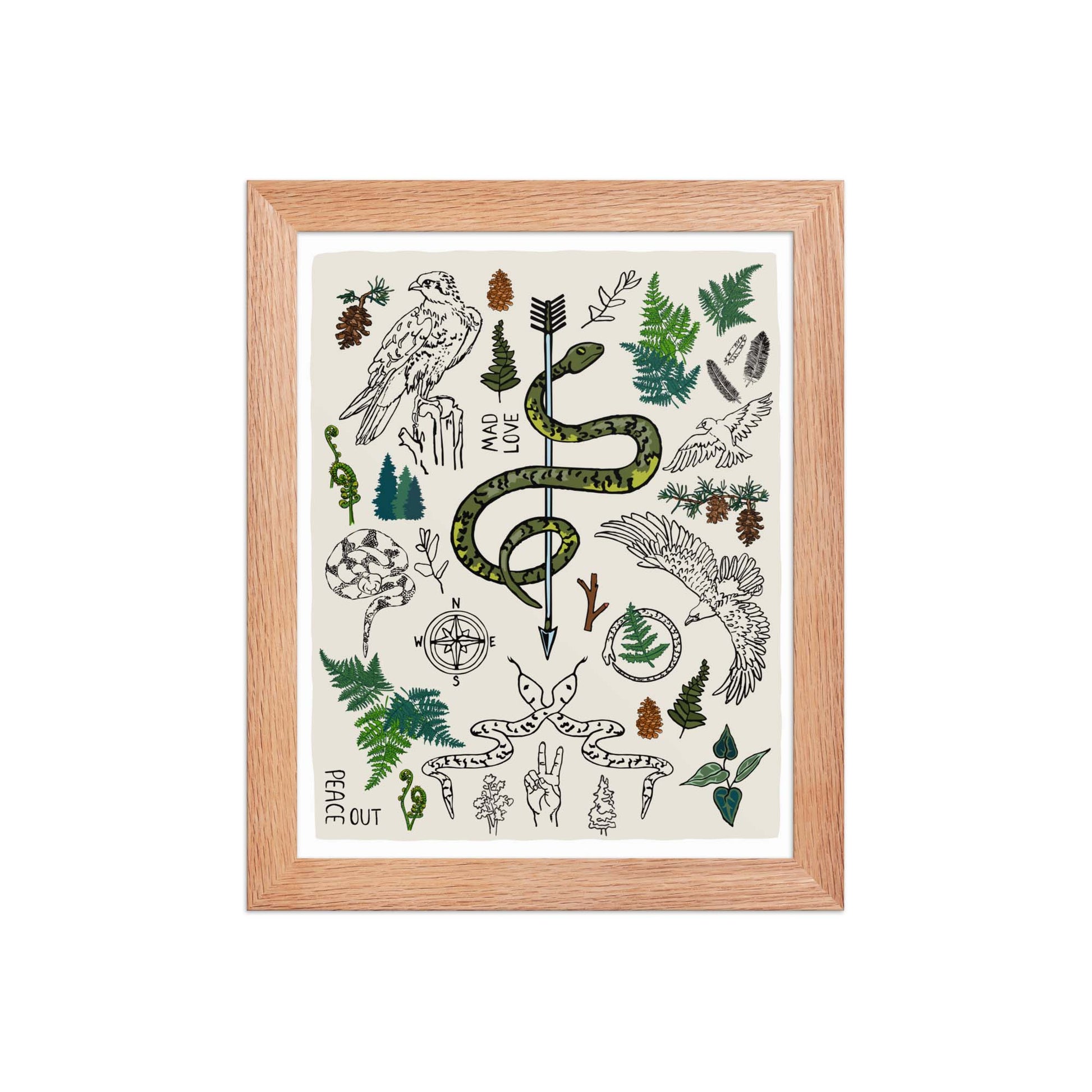 "Peace Out in the Woods" artwork with nature-themed illustrations including a snake, arrows, ferns, birds, pine trees, a compass, and plants on an ivory background. 8x10 art print, framed in a natural wood frame. 