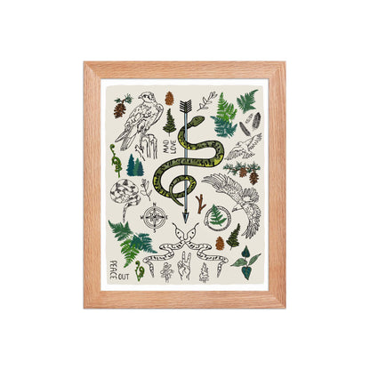 "Peace Out in the Woods" artwork with nature-themed illustrations including a snake, arrows, ferns, birds, pine trees, a compass, and plants on an ivory background. 8x10 art print, framed in a natural wood frame. 