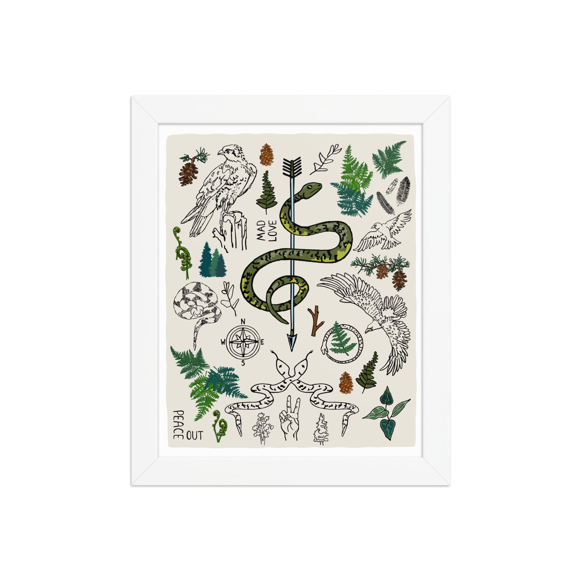 "Peace Out in the Woods" artwork with nature-themed illustrations including a snake, arrows, ferns, birds, pine trees, a compass, and plants on an ivory background. 8x10 art print, framed in a white wood frame. 