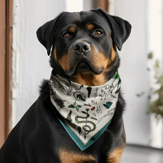 Peace out in the Woods dog Bandana on a big black and brown dog. 
