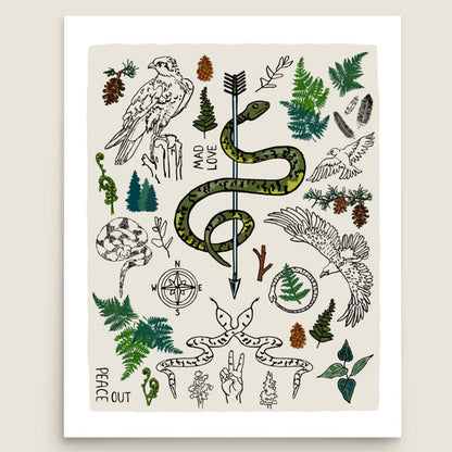 Peace Out in the Woods art print poster on an ivory background. The artwork has illustrations of eagles, snakes, ferns, north star compass, pinecones, pine trees, an arrow, feathers, peace sign, and forest icons. 