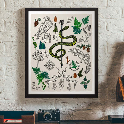 Framed "Peace Out in the Woods" artwork hanging above a vintage desk on a brick wall.