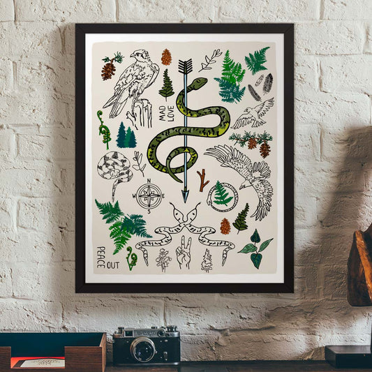 Framed "Peace Out in the Woods" artwork hanging above a vintage desk on a brick wall.