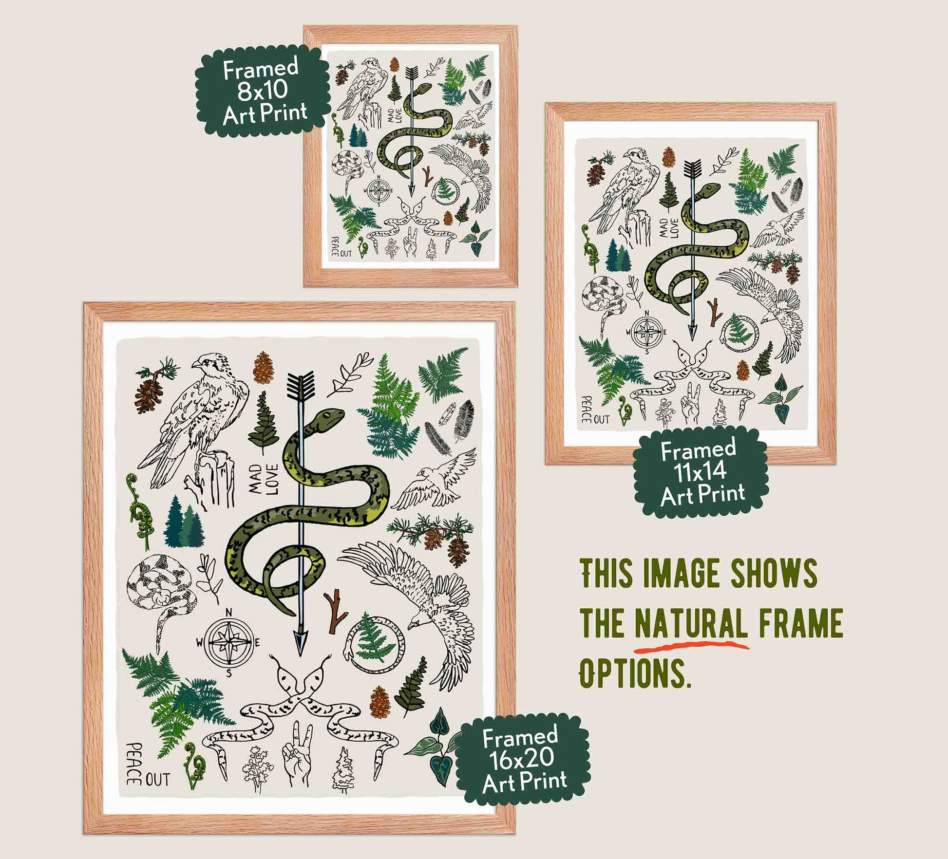 This image shows the three available sizes, which are 8x10, 11x14, and 16x20. This image shows them all in natural wood frames.