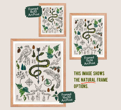 This image shows the three available sizes, which are 8x10, 11x14, and 16x20. This image shows them all in natural wood frames.