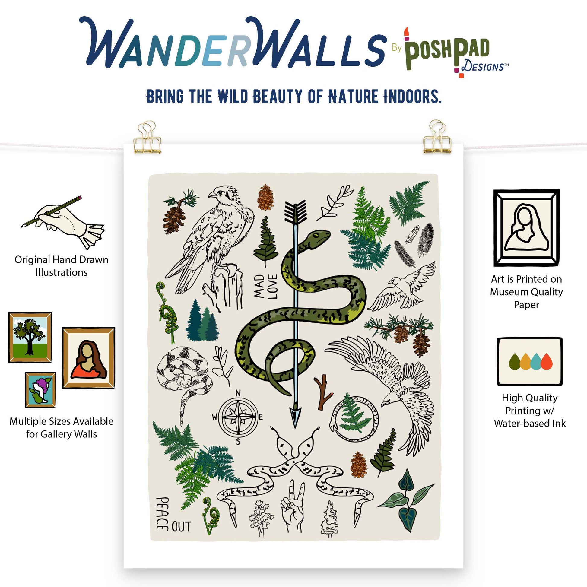 This is an infographic showing the Peace Out in the Woods art print in the middle. Icons showing the product perks line up on either side of the poster. Those perks include the availability of three different sizes, the use of high-quality water-based inks, and high-quality paper, and the uniqueness of the art being hand-drawn.