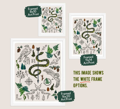 This image shows the three available sizes, which are 8x10, 11x14, and 16x20. This image shows them all in white wood frames.