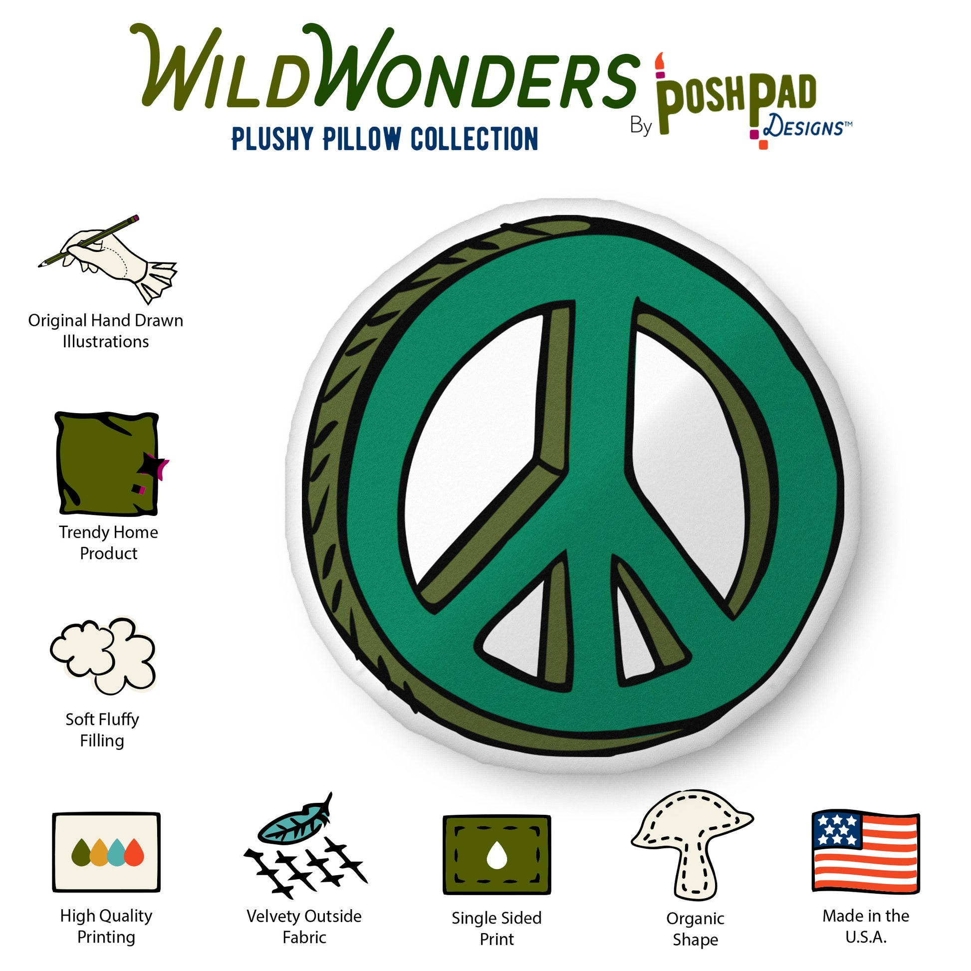 This is an infographic showing the pillow perks and product details. The perks listed are the velvety fabric, plush stuffing, high-quality printing with vibrant inks, and the fact that the product is made in the USA.