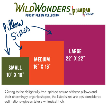 This is an infographic showing the three size variations of the pillows. Owing to the delightfully free-spirited nature of these pillows and their charmingly organic shapes, the listed sizes are best considered estimations-give or take a whimsical inch.