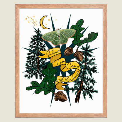 Crescent Moon and Moth art print in a natural wood frame.