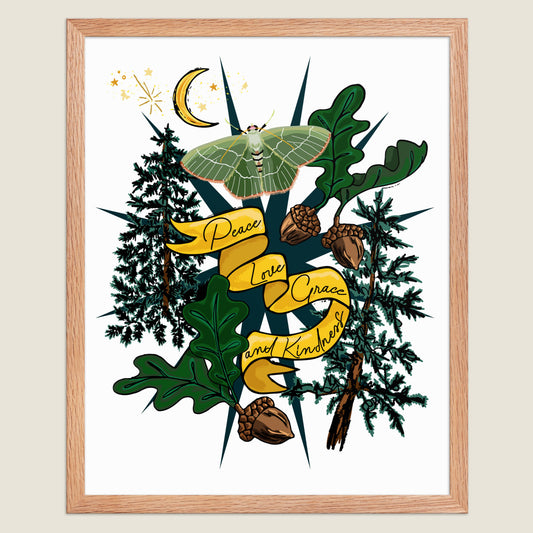 Crescent Moon and Moth art print in a natural wood frame.
