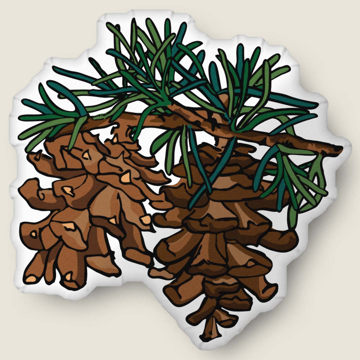 Pinecones shaped pillow on an ivory background.