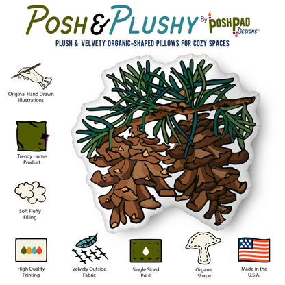 This is an infographic showing the pillow perks. Those perks include hand-drawn illustration, trending home product, soft fluffy filling, high-quality printing, velvety fabric, organic shape, and made in the U.S.A.