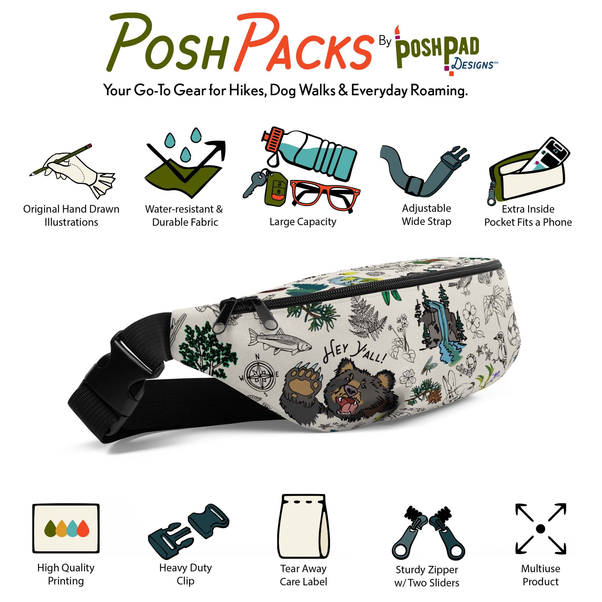 This is an infographic showing a photo of the Mountain Hikes hip pack with mini illustrations around it. The illustrations show the pack perks like the adjustable strap, extra pocket, large capacity, and water-resistant fabric.