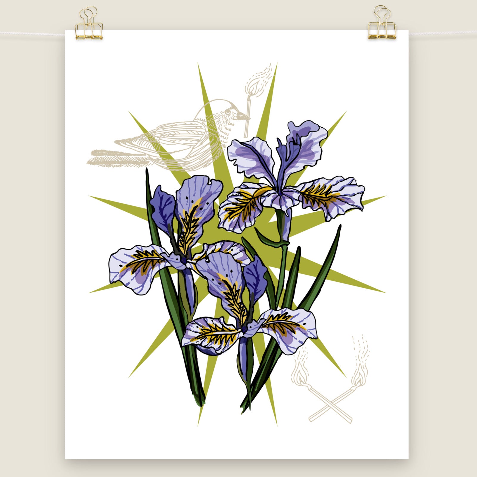 Purple Irises and Bird art print.