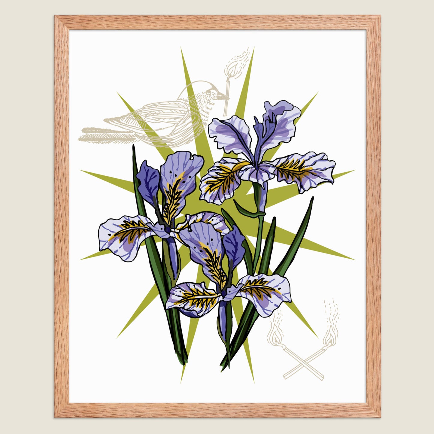 Purple Iris and bird art print in a natural wood frame.