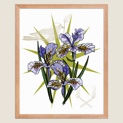 Purple Iris and bird art print in a natural wood frame.
