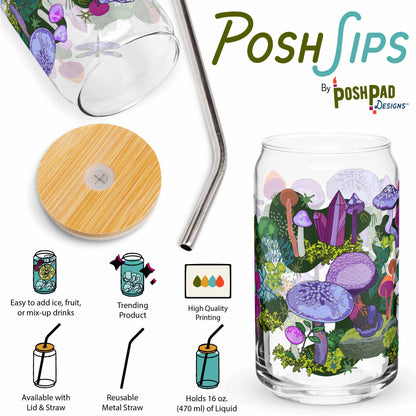 This infographic shows an angle of the glass with the lid and straw sitting beside it and a photo of the glass by itself. Product perks include a wide top that makes it easy to add ice and fruit, high-quality printing, an available option with a reusable metal straw and eco-friendly bamboo lid, and it holds 16 ounces of liquid.
