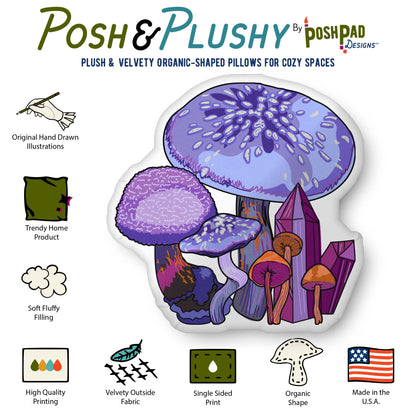 This is an infographic showing the pillow perks. Those perks include hand-drawn illustration, trending home product, soft fluffy filling, high-quality printing, velvety fabric, organic shape, and made in the U.S.A.