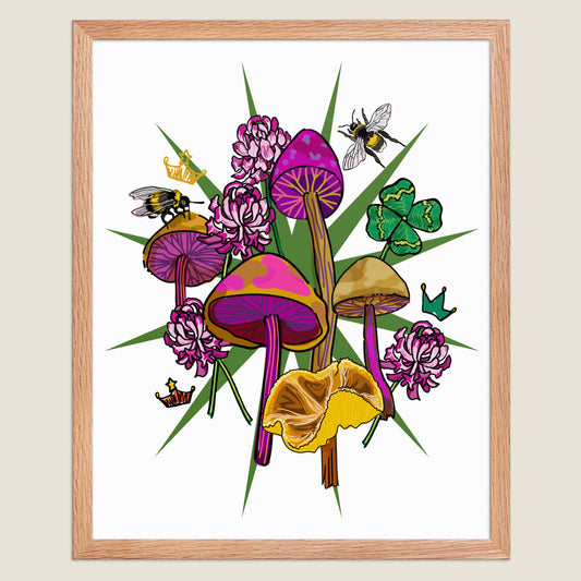 Queen bee, clovers, and mystical mushrooms art print in a natural wood frame.