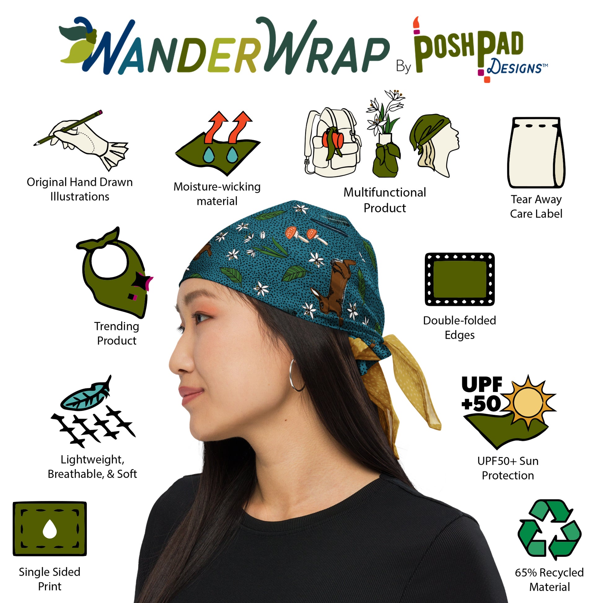 This is an image of illustrations showing features and a photo of a woman wearing the scarf bandana as a head wrap. Features include moisture-wicking recycled material, UPF sun protection, tear-away label, trending product, and double-folded edges.