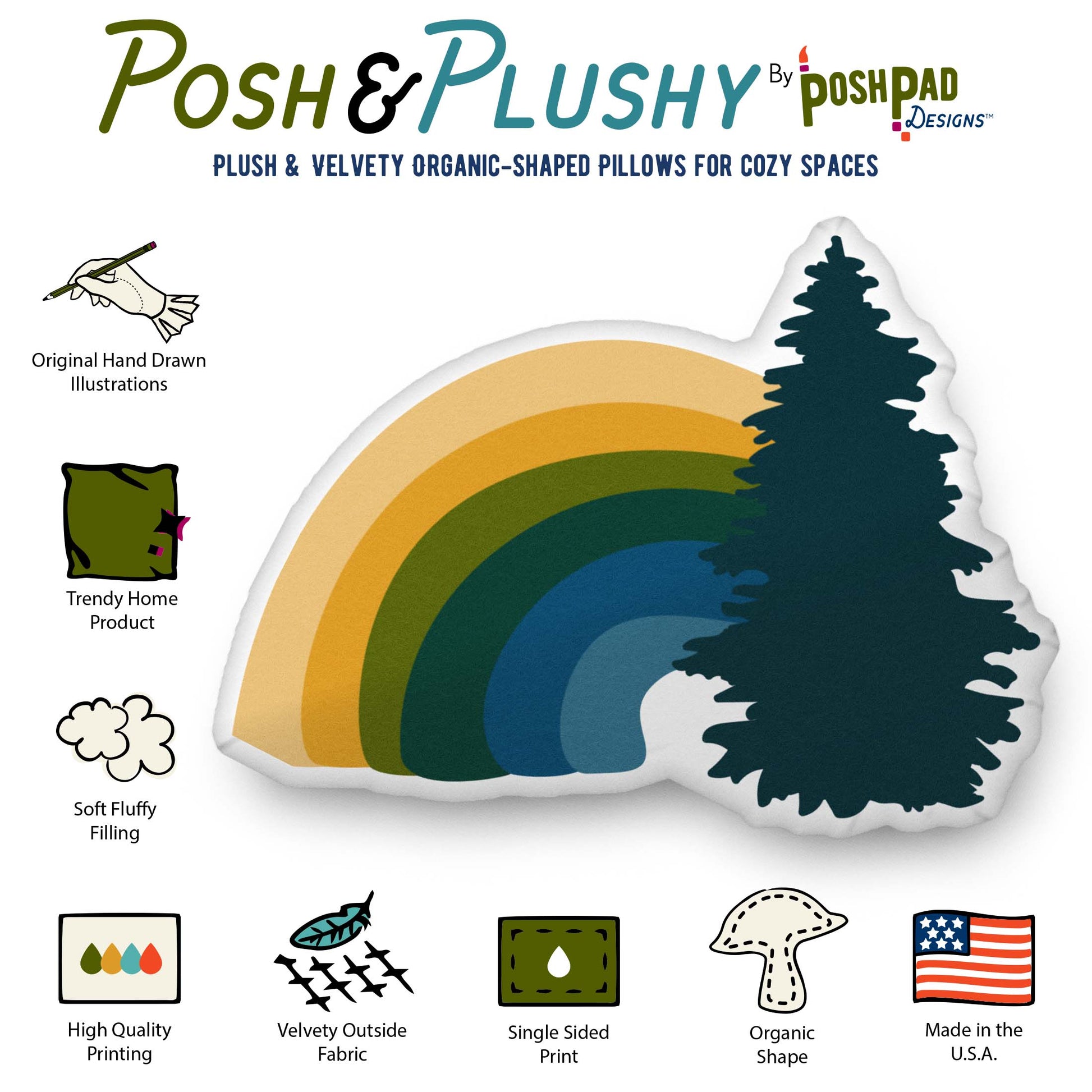 This is an infographic showing the pillow perks. Those perks include hand-drawn illustration, trending home product, soft fluffy filling, high-quality printing, velvety fabric, organic shape, and made in the U.S.A.
