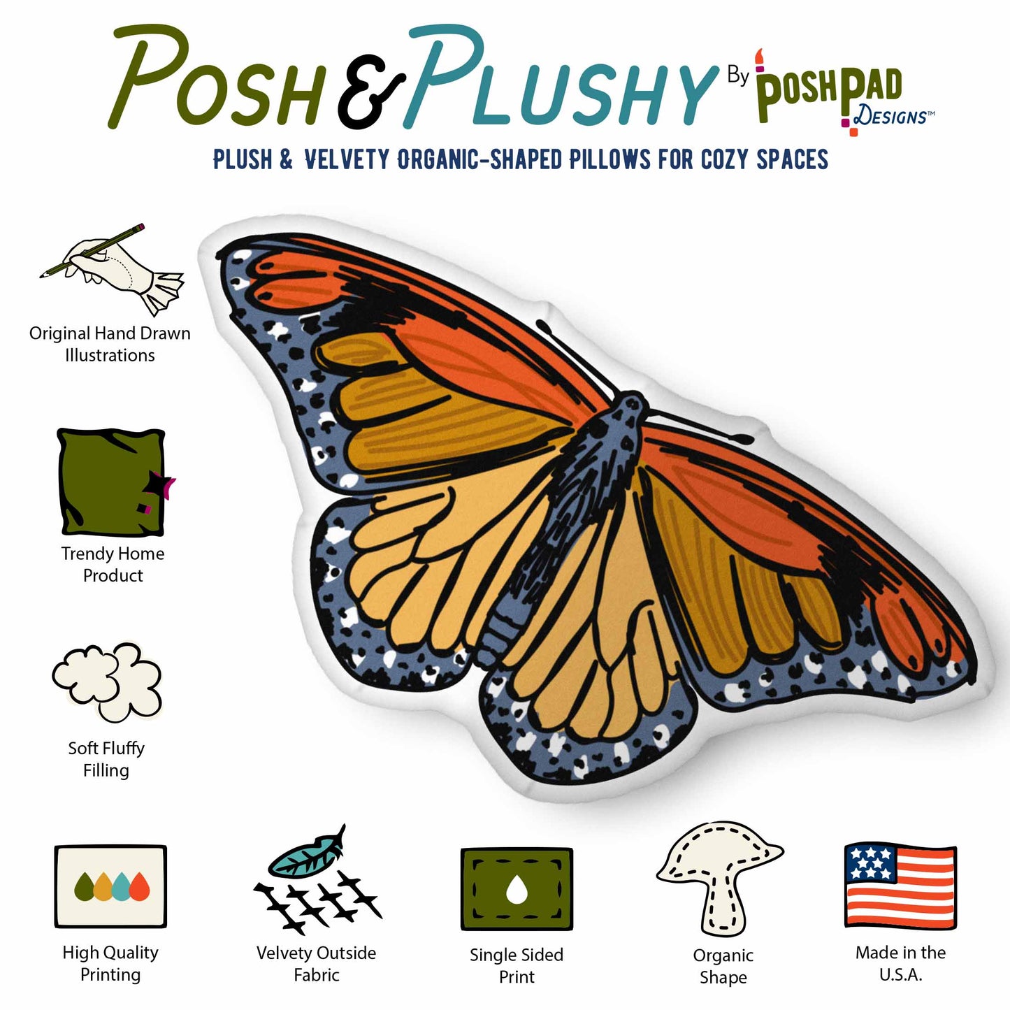 This is an infographic showing the pillow perks. Those perks include hand-drawn illustration, trending home product, soft fluffy filling, high-quality printing, velvety fabric, organic shape, and made in the U.S.A.