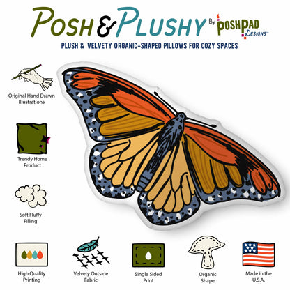 This is an infographic showing the pillow perks. Those perks include hand-drawn illustration, trending home product, soft fluffy filling, high-quality printing, velvety fabric, organic shape, and made in the U.S.A.