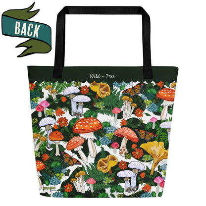Back view of the Red Mushroom Tote Bag with Large Inside Pocket - Go & Gather Weekender Tote Bag | Outdoor Market Shopping | Forest Art Weekender | Carry-all for Picnics & Pet Gear | Reusable Fabric Bag