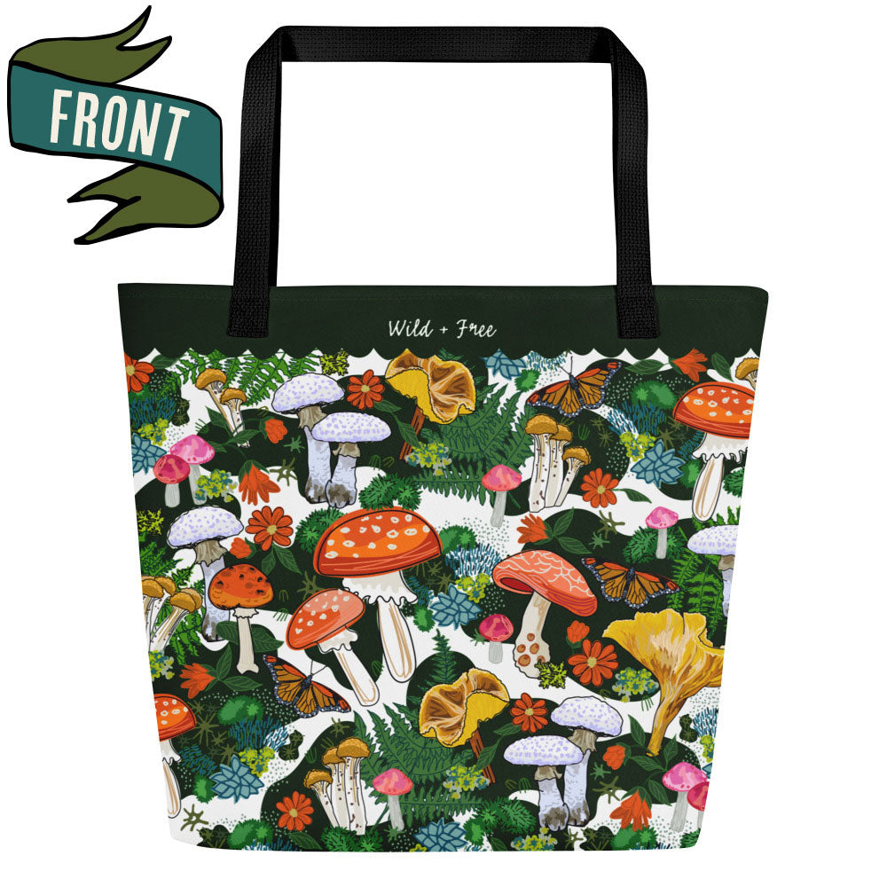 Front view of the Red Mushroom Tote Bag with Large Inside Pocket - Go & Gather Weekender Tote Bag | Outdoor Market Shopping | Forest Art Weekender | Carry-all for Picnics & Pet Gear | Reusable Fabric Bag
