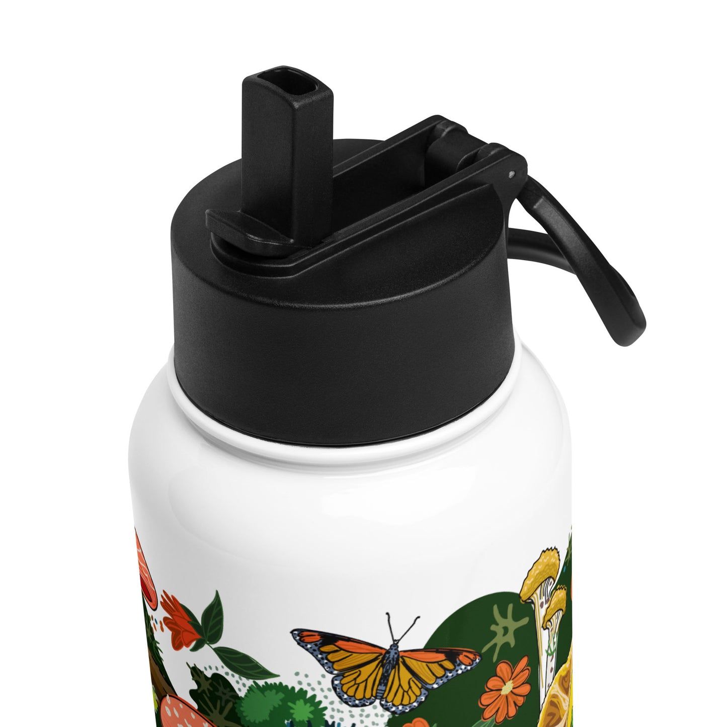 This is a close-up image of the black lid that shows the adjustable handle and the pop-up straw.