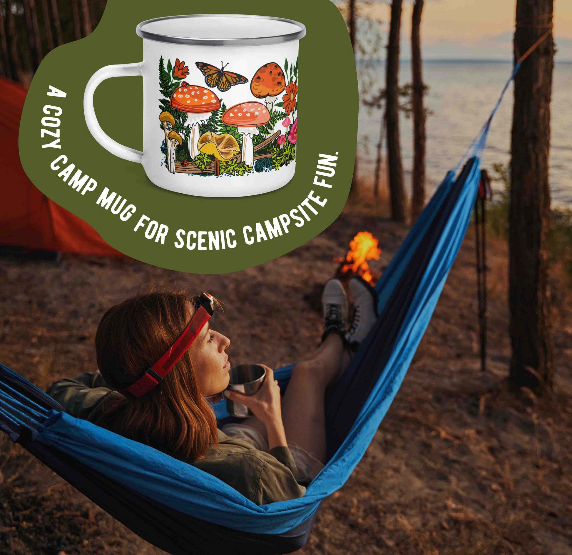 Female camper laying in a hammock by a lake with a red tent. There is a graphic at the top of a green organic shape around a photo of the mug. The words "A cozy camp mug for scenic campsite fun."
