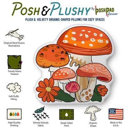 This is an infographic showing the pillow perks. Those perks include hand-drawn illustration, trending home product, soft fluffy filling, high-quality printing, velvety fabric, organic shape, and made in the U.S.A.