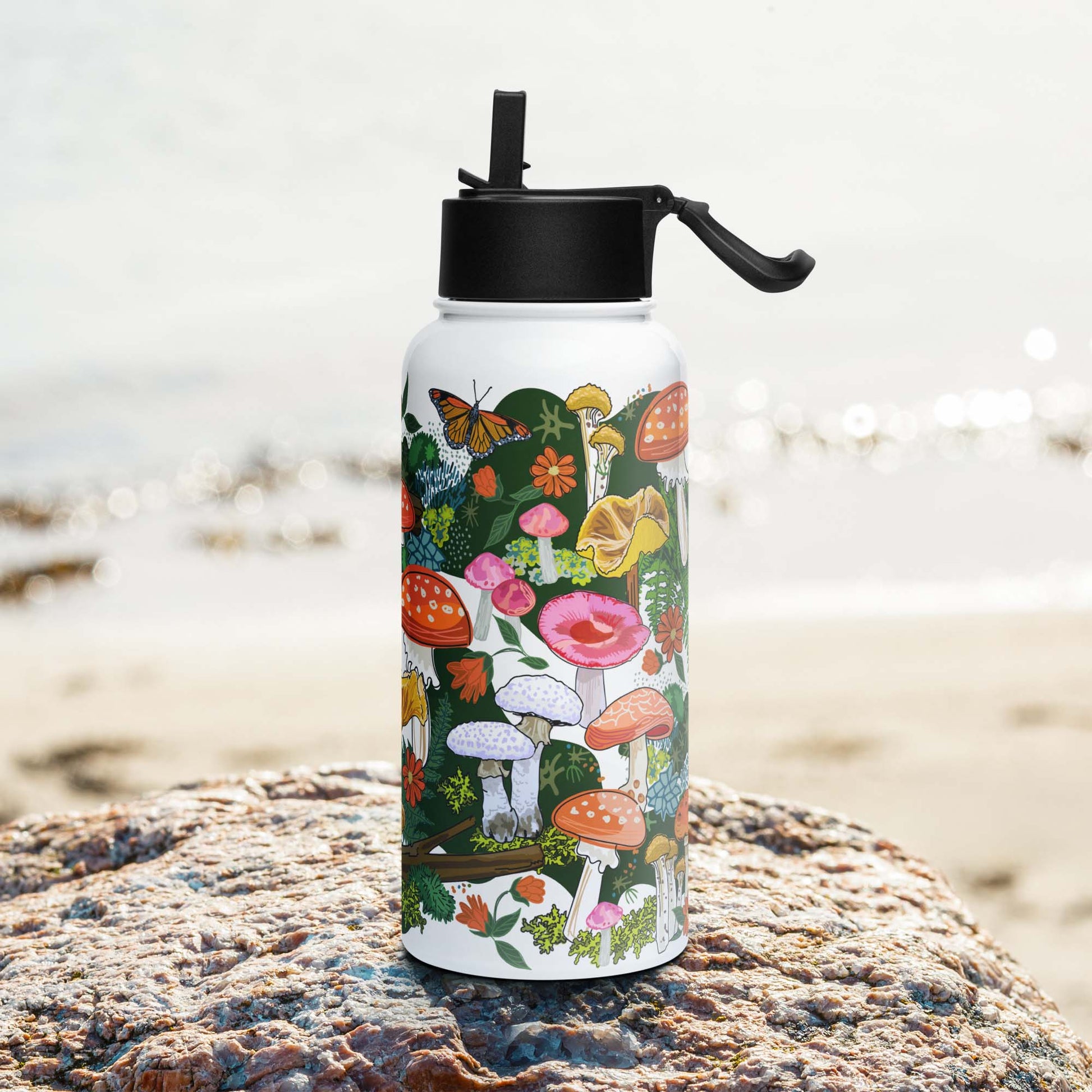 Right side of the Red Mushroom Insulated Water Bottle with Straw Lid | Wild Mountain Mushrooms Forest Art | Outdoorsy Girl Gift