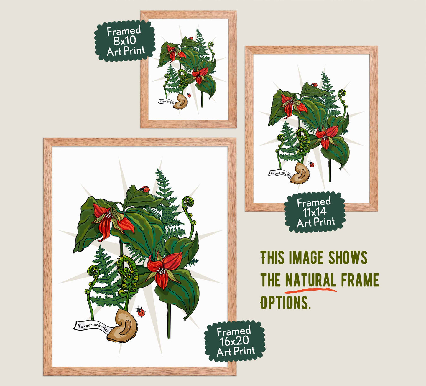 This image shows the three available sizes, which are 8x10, 11x14, and 16x20. This image shows them all in natural wood frames.