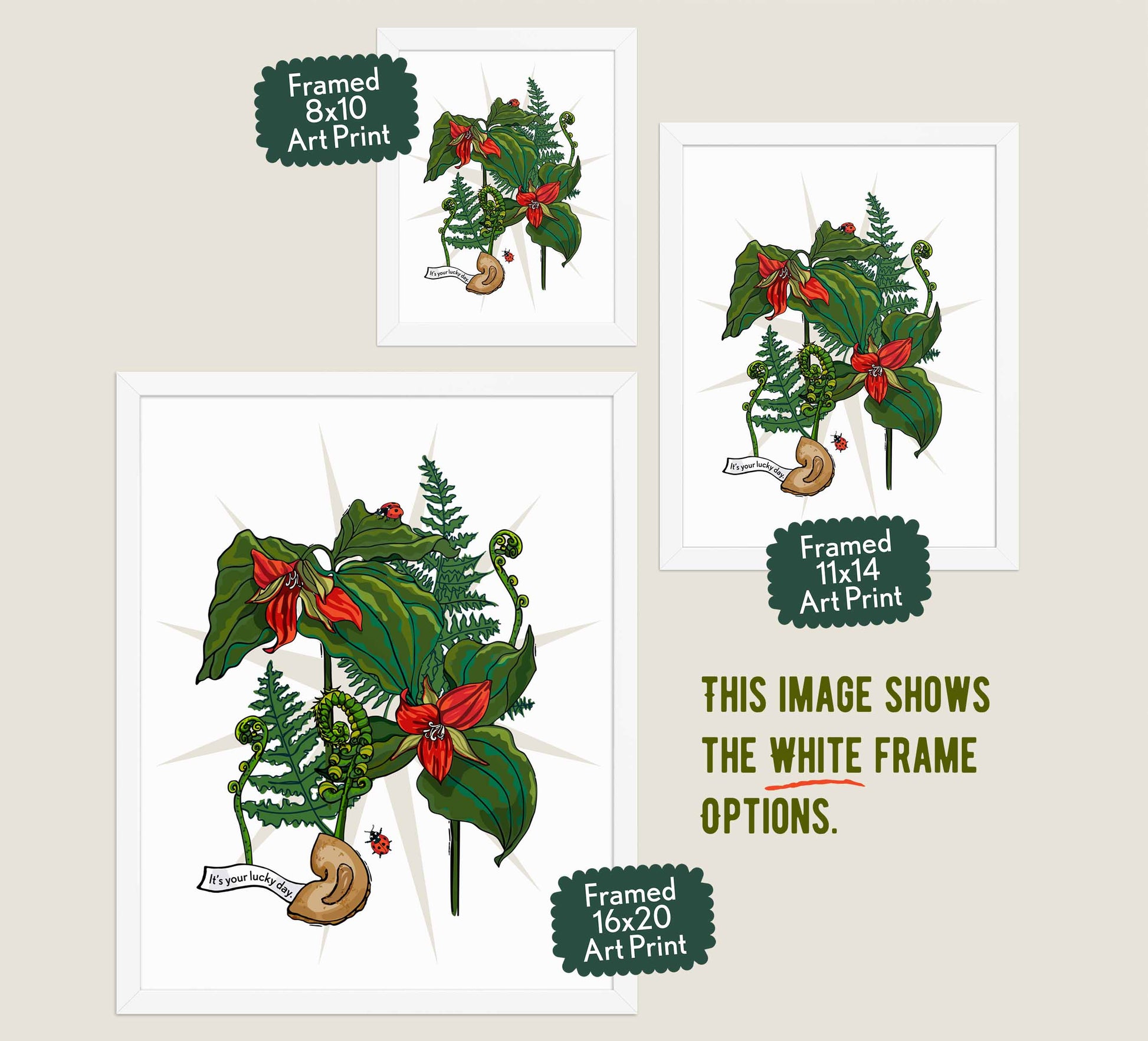 This image shows the three available sizes, which are 8x10, 11x14, and 16x20. This image shows them all in white wood frames.