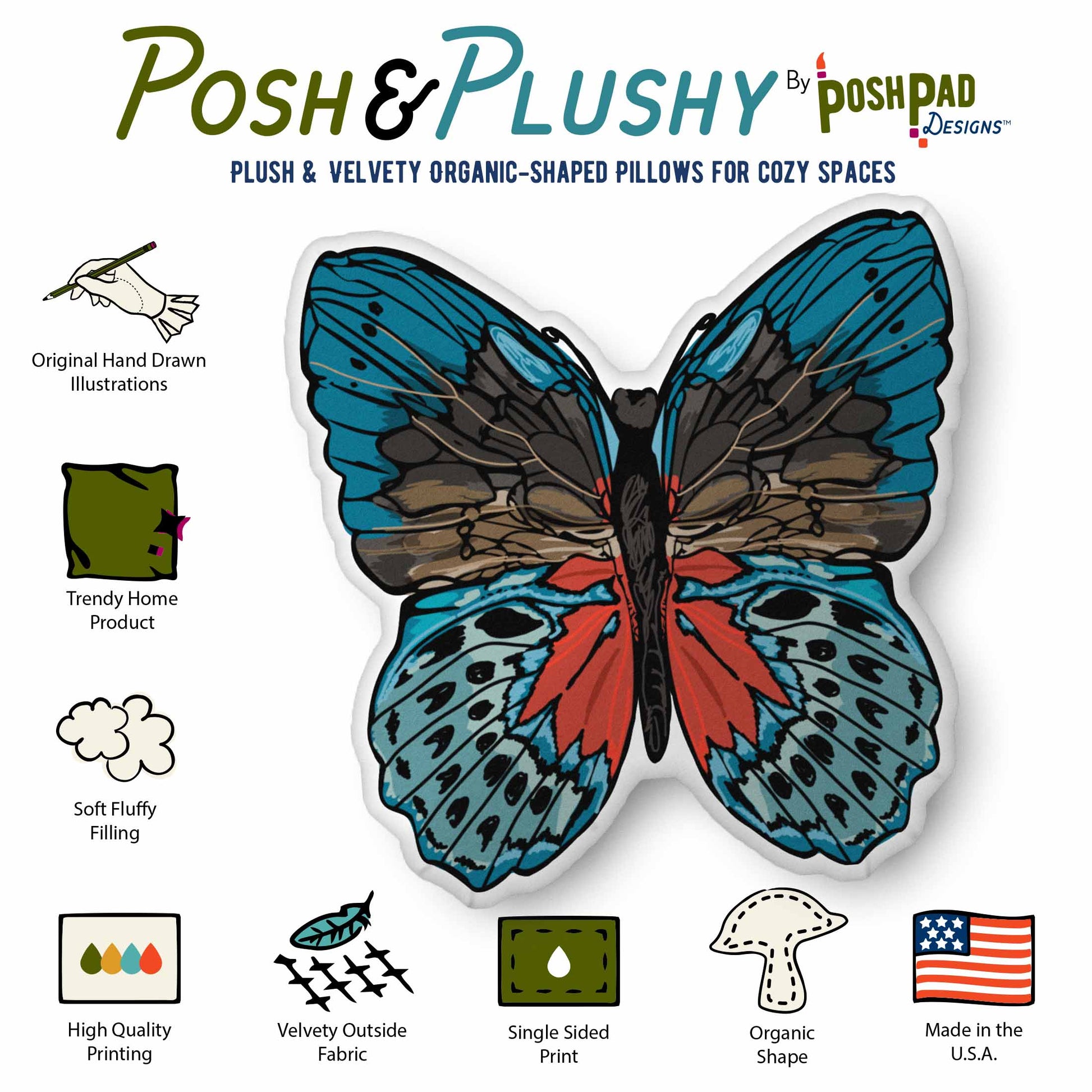 This is an infographic showing the pillow perks. Those perks include hand-drawn illustration, trending home product, soft fluffy filling, high-quality printing, velvety fabric, organic shape, and made in the U.S.A.