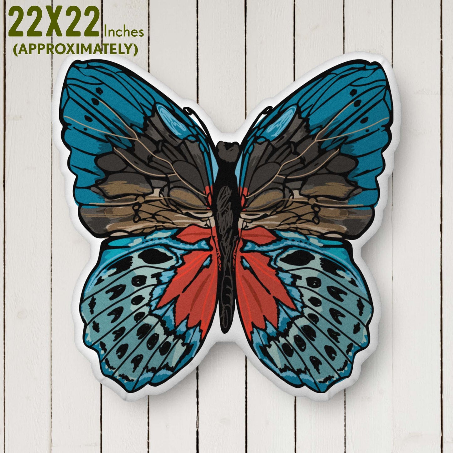 Red & Blue Bohemian Butterfly-shaped Throw Pillow Organic-shaped Pillow | Home Decor | Plush Art Throw Pillow - Large is approximately 22x22 inches