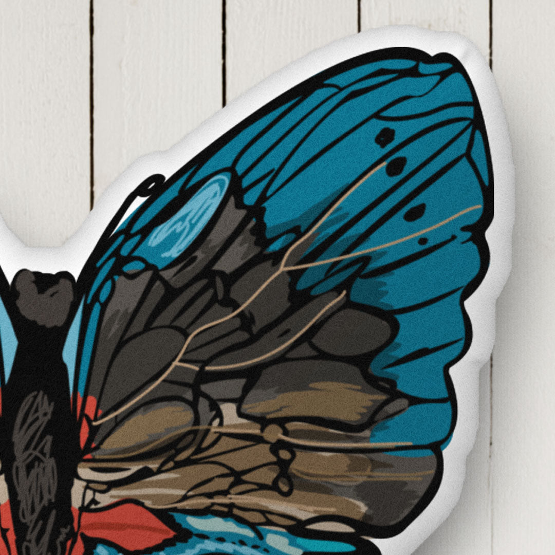 This image is a close-up of the Red and Blue Bohemian Butterfly pillow in the collection. It shows the velvety texture of all the pillows.