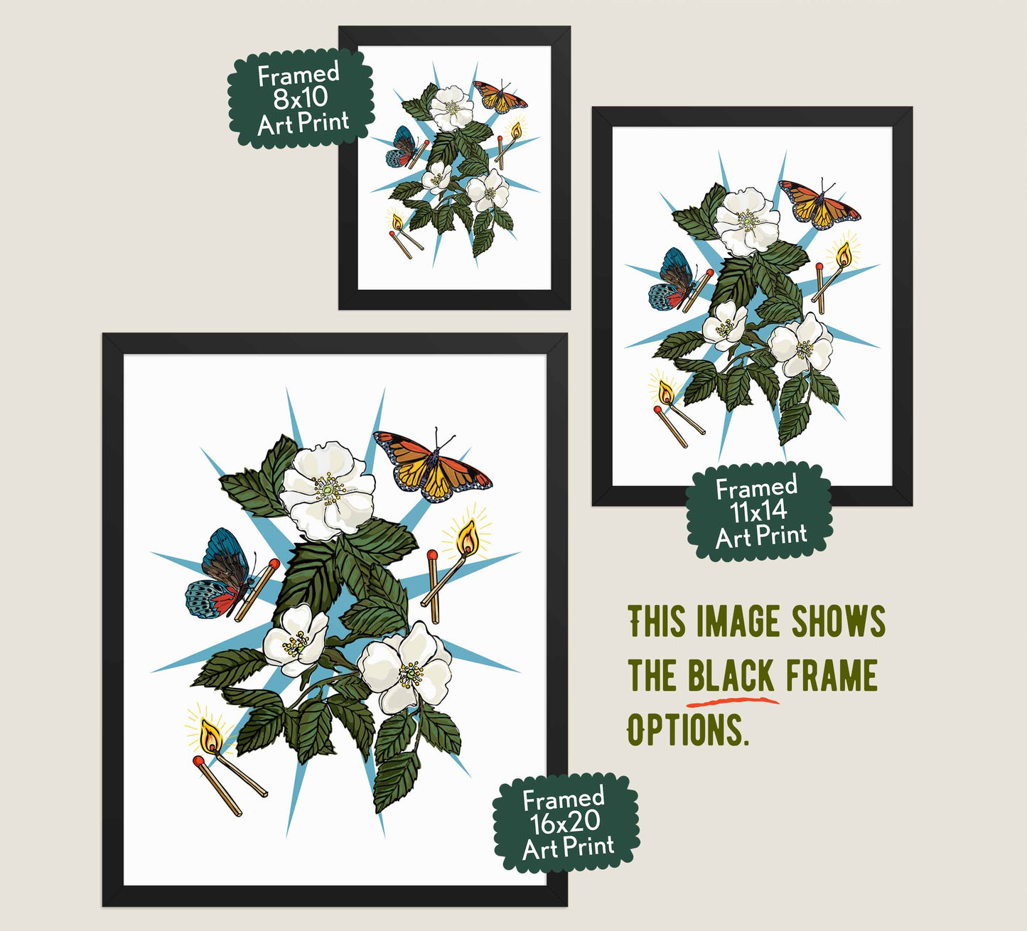This image shows the three available sizes, which are 8x10, 11x14, and 16x20. This image shows them all in black wood frames.