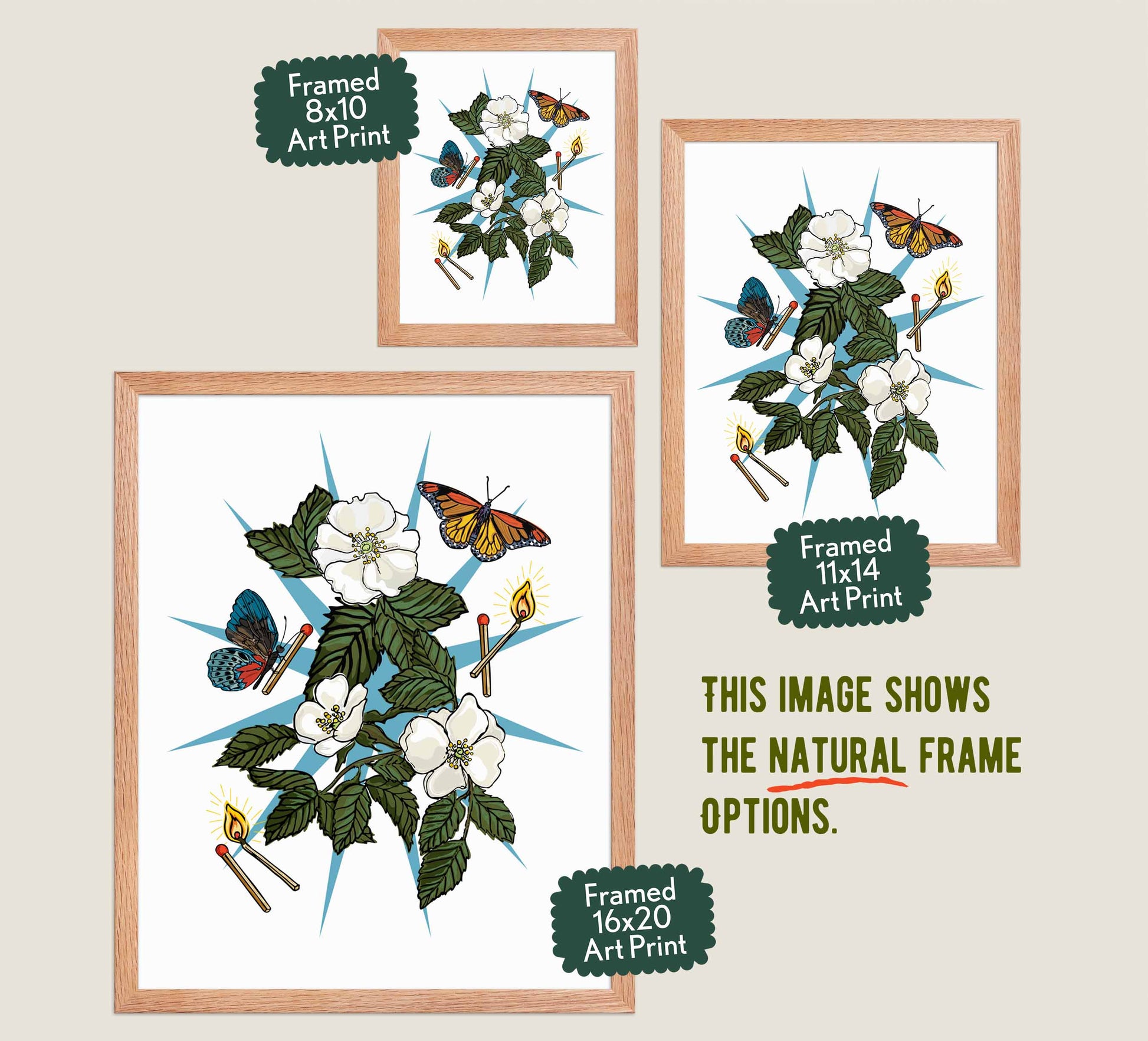 This image shows the three available sizes, which are 8x10, 11x14, and 16x20. This image shows them all in natural wood frames.
