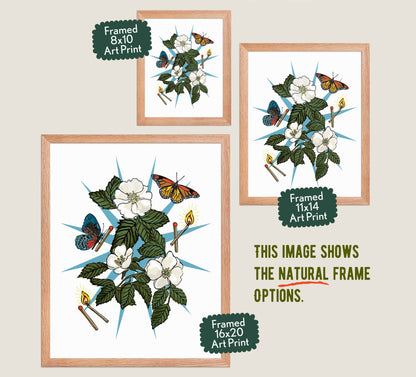 This image shows the three available sizes, which are 8x10, 11x14, and 16x20. This image shows them all in natural wood frames.