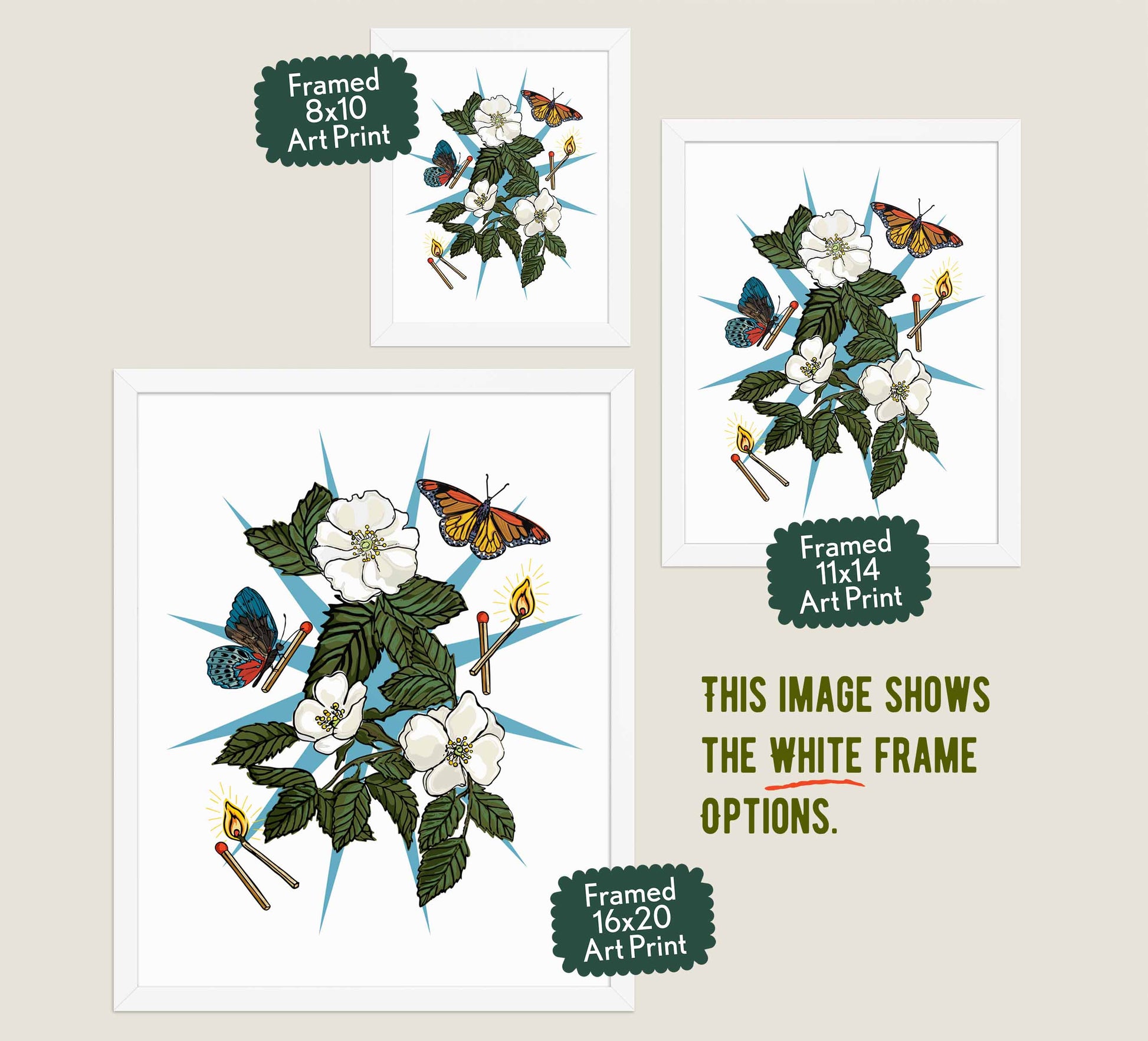 This image shows the three available sizes, which are 8x10, 11x14, and 16x20. This image shows them all in white wood frames.