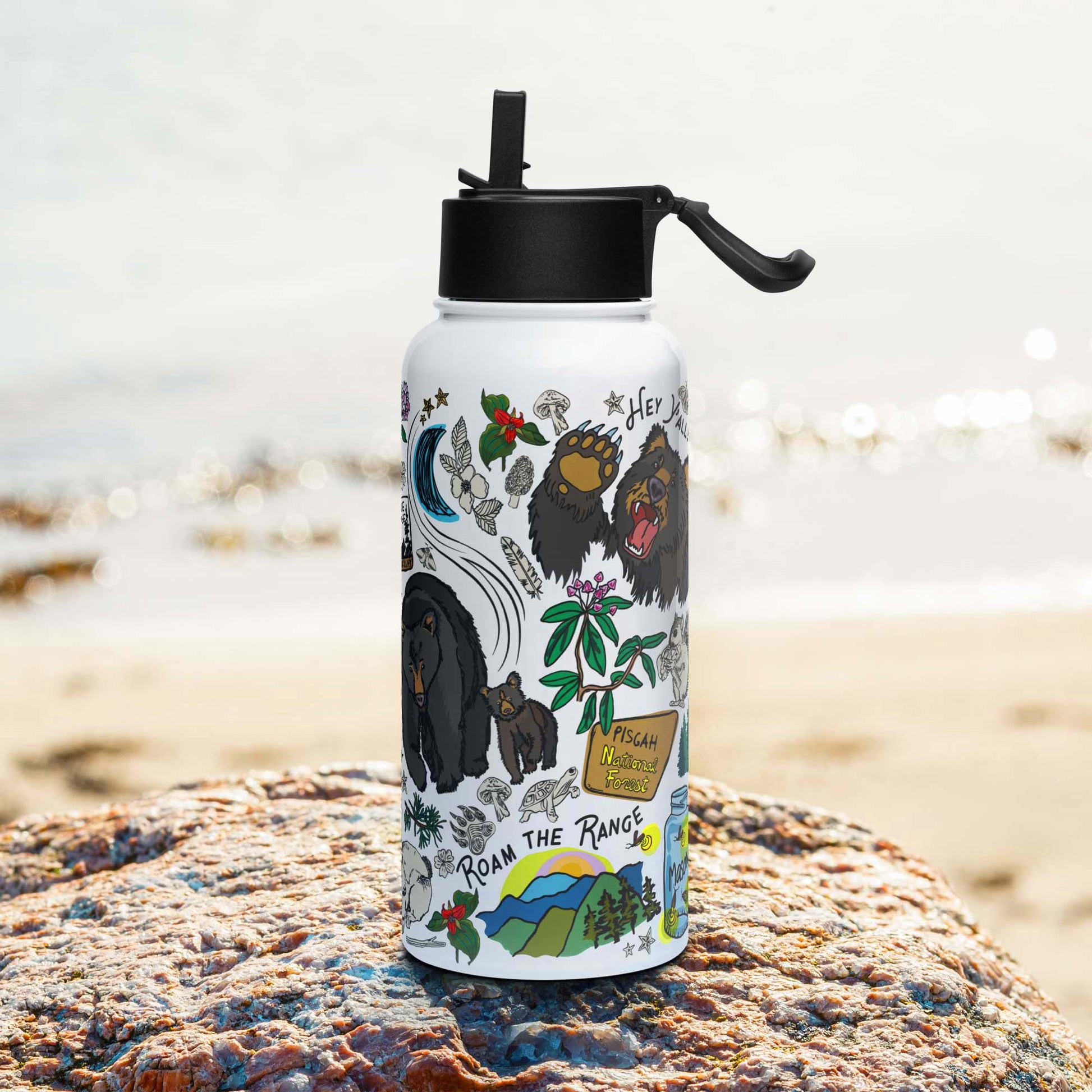 Right side of the Smoky Mountains Insulated Water Bottle with Straw Lid | Wild Mountain Mushrooms Forest Art | Outdoorsy Girl Gift