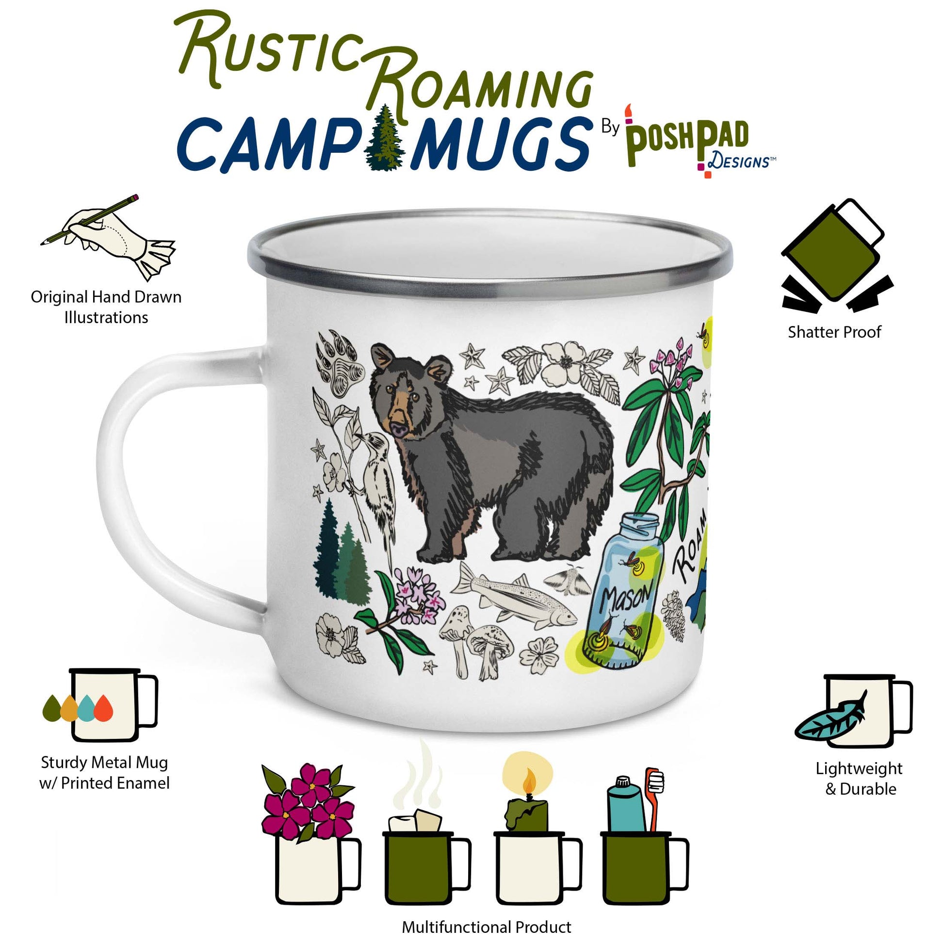 Infographic showing the mugs features, which include hand-drawn illustrations, sturdy metal material with vibrant printing, lightweight, durable, and shatter proof. There is a photo of the mug in the middle and there are illustrations below it showing other uses like arranging wildflowers in it,  holding a candle, and using to take items to the bathhouse like a toothbrush and toothpaste.